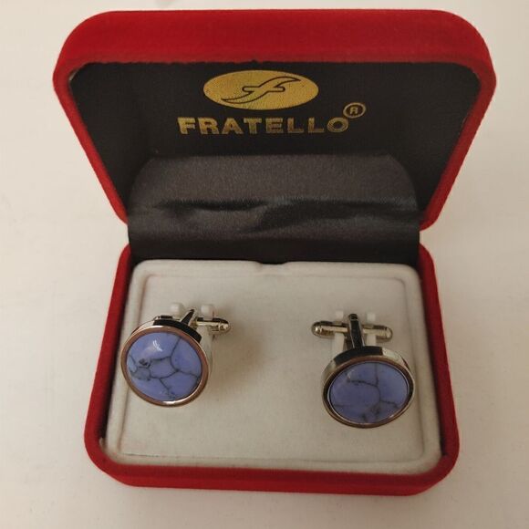 MEN'S FRATELLO ROUND BLUE, BLACK ABSTRACT DESIGN CUFFLINKS. - Picture 2 of 2
